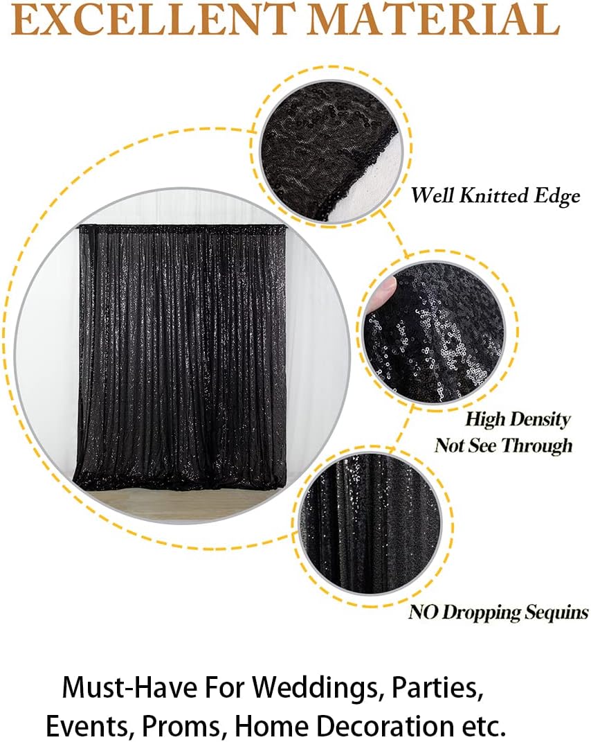 ShinyBeauty 2Pcs 5FTx10FT Black Sequin Backdrop Curtain | Glitter Wedding & Photography Background