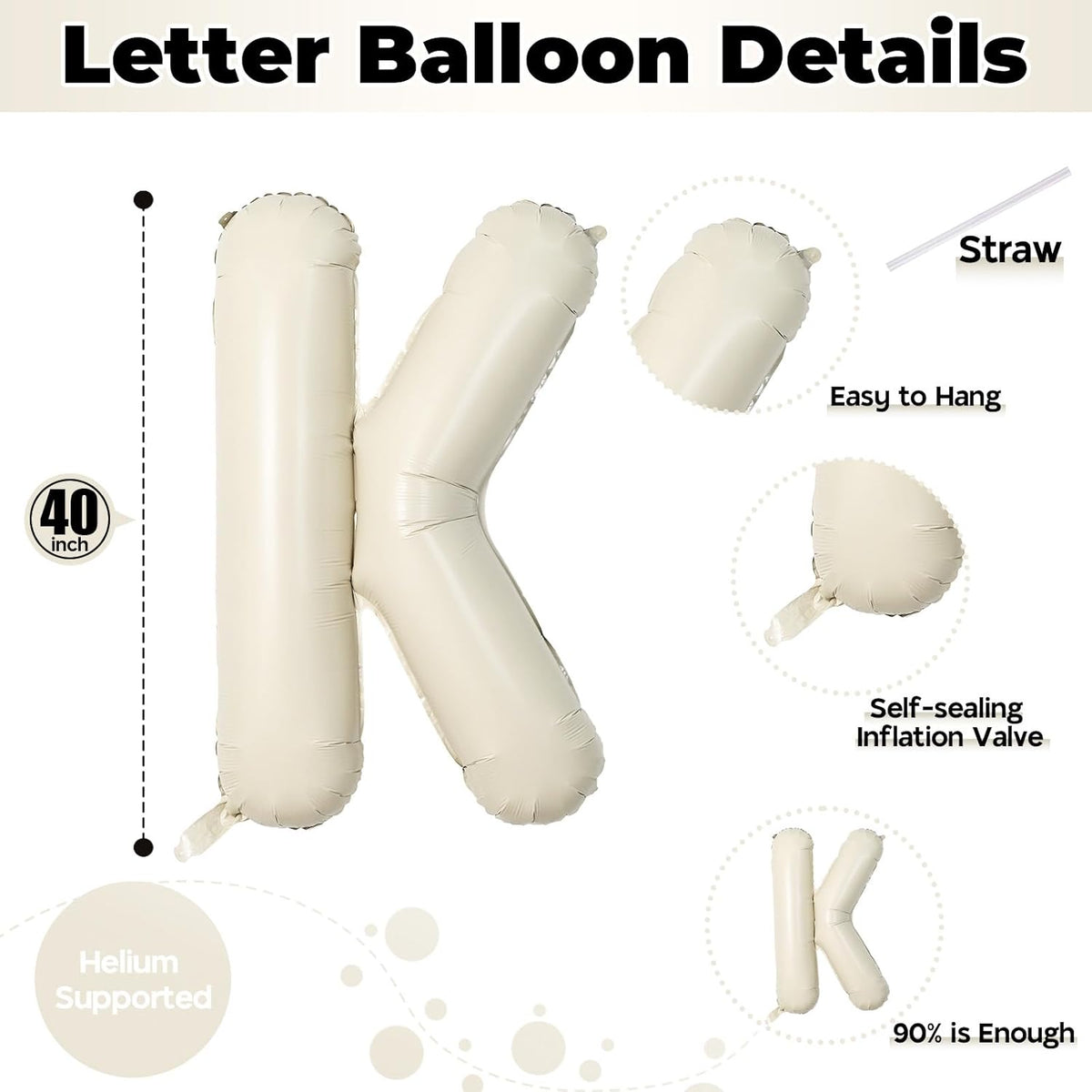 Giant Alphabet K Foil Balloons, Nude Cream White Custom Mylar Letters Balloon Birthday Decor, 40