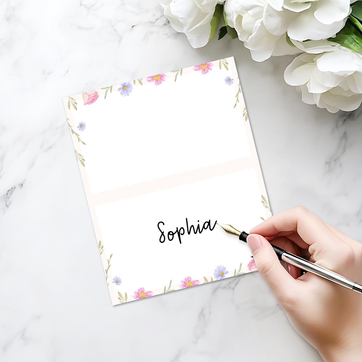 25 Pack Flower Place Cards, Editable Name Cards for Table Setting, Tent Cards Food Label for Dinner