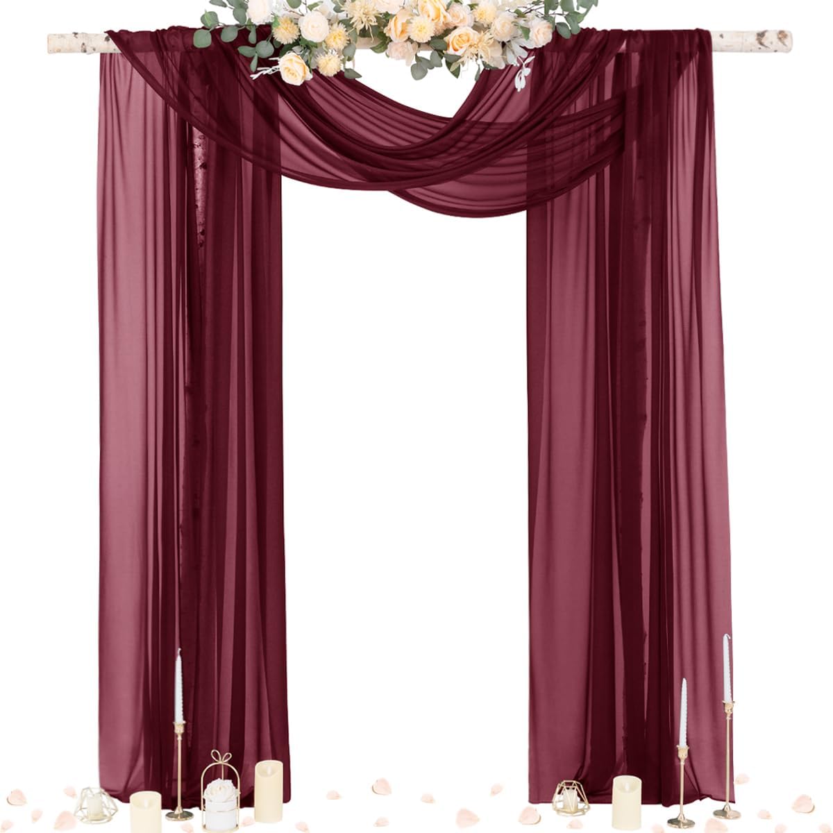 Socomi Wedding Arch Draping Fabric 29" x 20Ft 2 Panels Burgundy Sheer Outdoor Curtain Drapes Extra