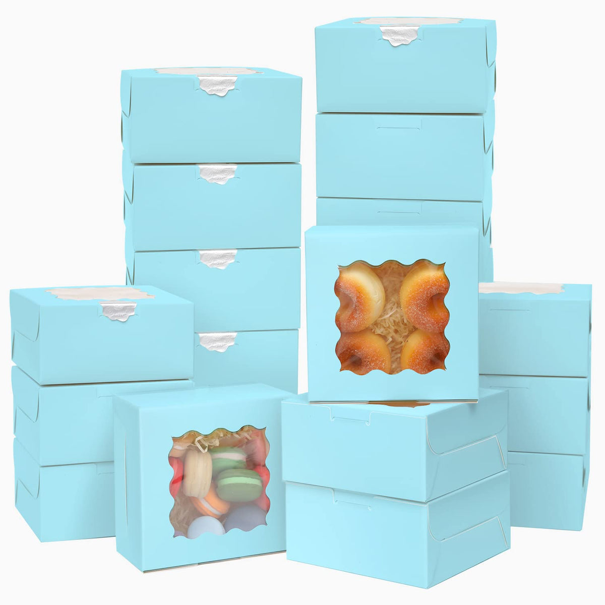 Bakepacker 60pcs Light Blue Bakery Boxes with Window 6x6x3 inches Thick & Sturdy Macaroon Pastry &