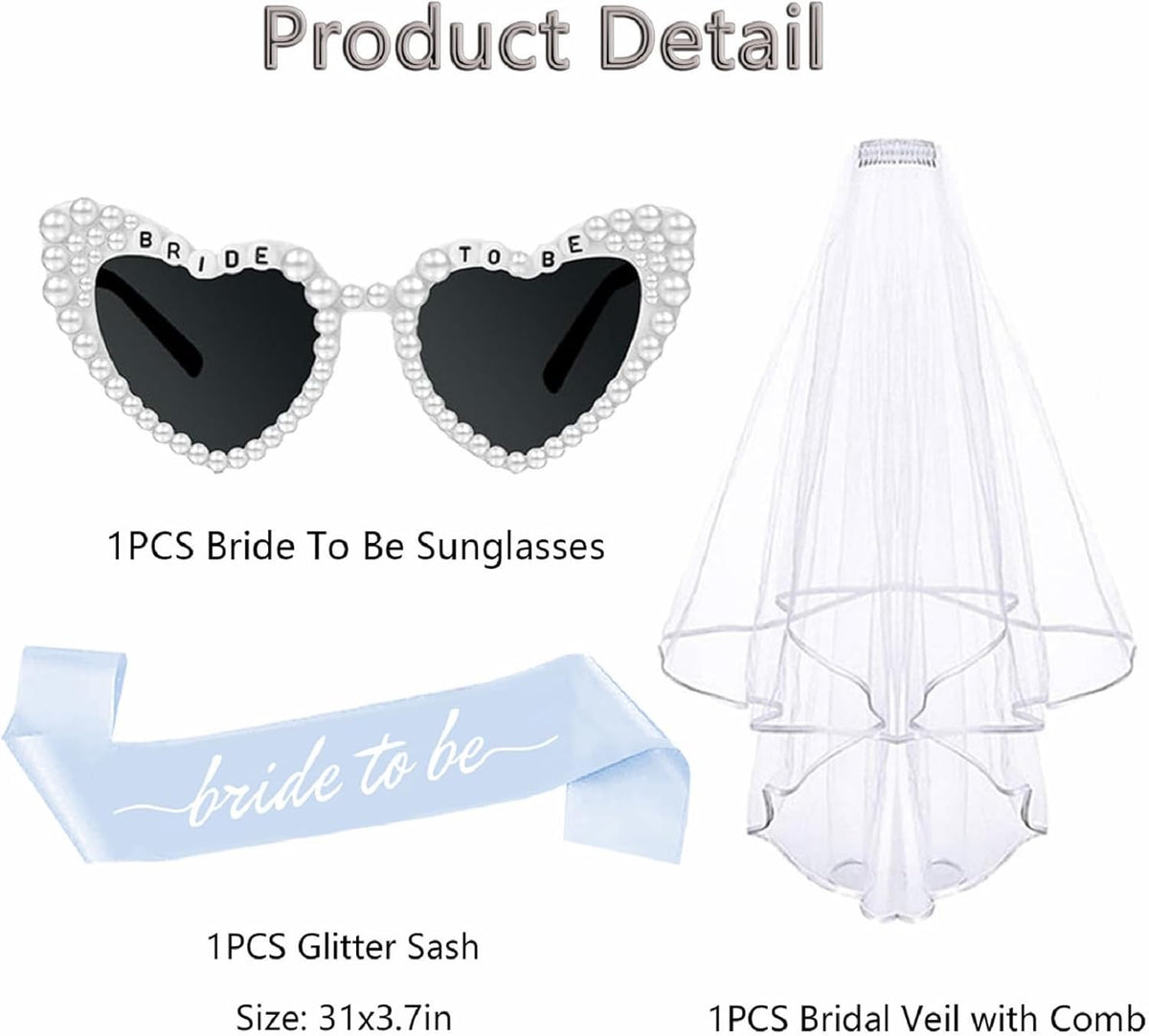 3PCS Blue Bride To Be Sash and Veils Bride to Be Heart Pearl Sunglasses for Bachelorette Bridal