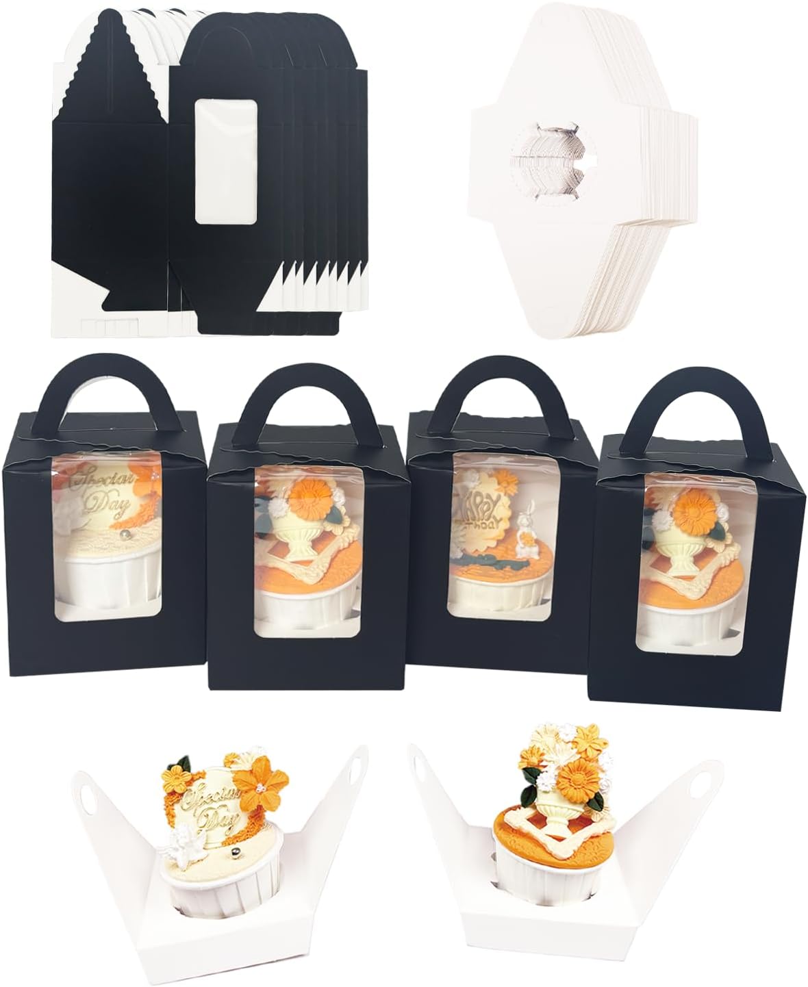 Bakepacker Auto-pop up Individual Cupcake Boxes with Window 25 Count Black Single Cupcakes Box 3.6