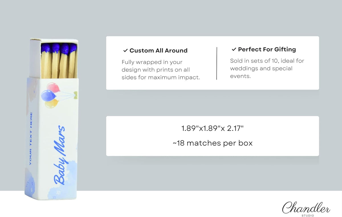 Customizable Baby Shower Matchboxes – Set of 10 – Cute Baby Design – Colorful Matchsticks – Perfect
