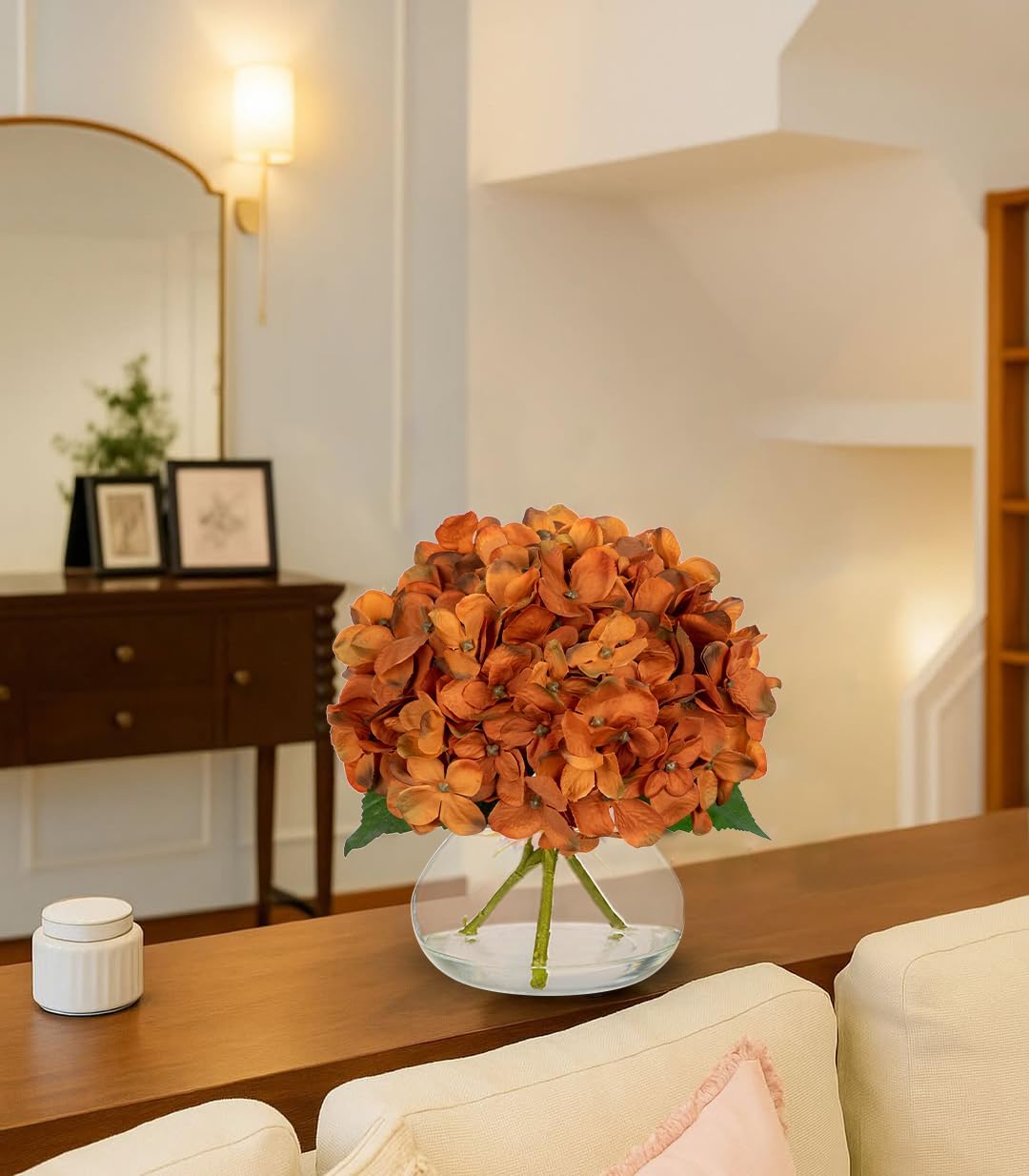 Hollyone Dark Orange Fall Hydrangea Artificial Flowers for Decoration with Glass Vase Silk Faux