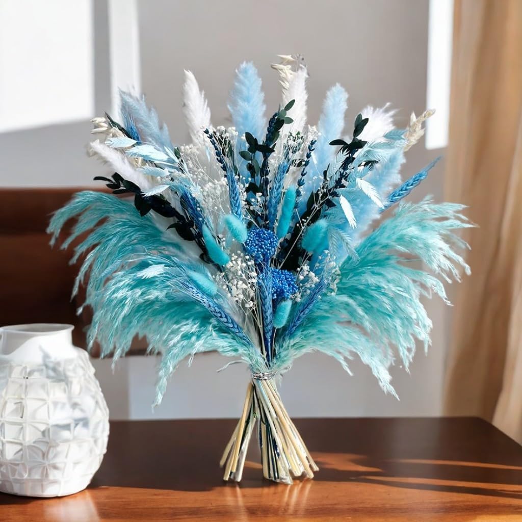 Blue Dried Flowers Bouquet with Pampas Grass - Boho Home Decor and DIY Floral Arrangements for