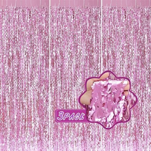 Pink Foil Fringe Curtain - Wavy Fringe Backdrop 3.3 x 6.6 Feet, Pack of 3 | Pink Streamers Party