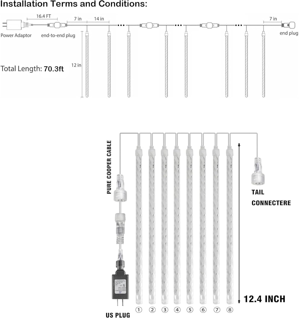 Dazzle Bright 1728 LED Christmas Light, Meteor Shower Rain Lights 11.8 Inch 48 Tubes, Waterproof