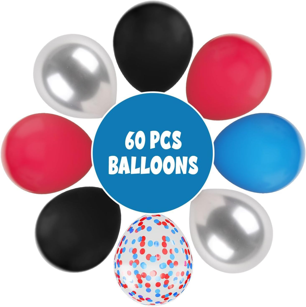 FunHot Red and Blue Balloons, 60 Pcs Red Black Blue Balloons, 12 Inch Metallic Silver Latex Balloon