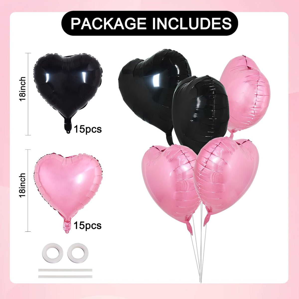 TONIFUL 30Pcs 18 Inch Pink Black Heart Balloons Valentine’s Day Heart Shape Foil Mylar Balloons
