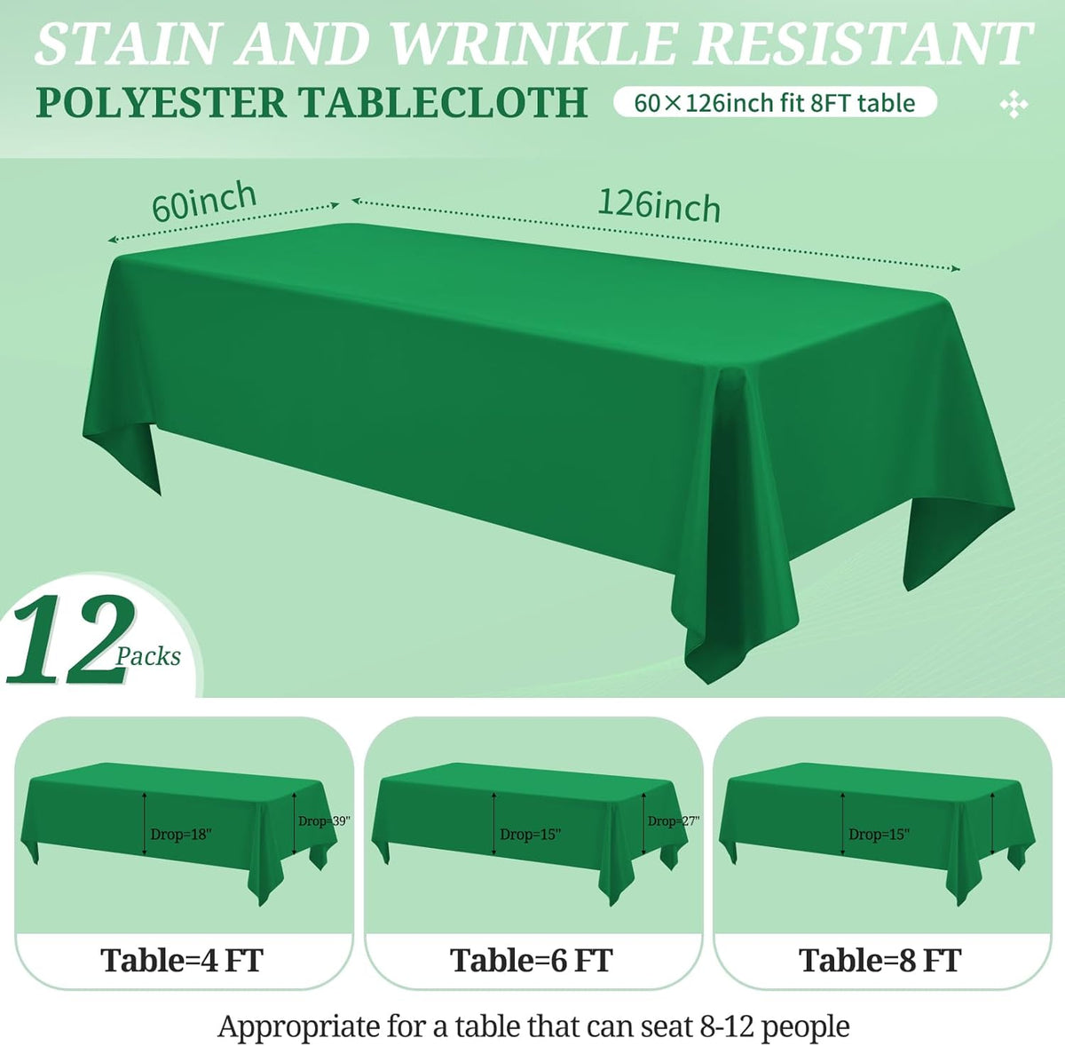 12 Pack Green Tablecloths for Rectangle Tables 60 x 126 Inch Polyester Tablecloth 8 Foot Rectangle