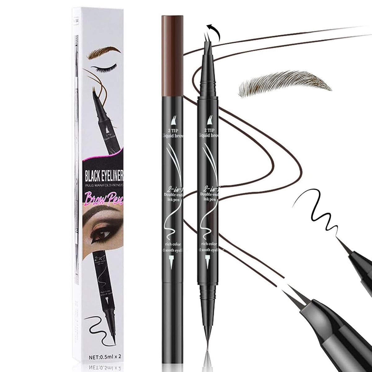 Curved 2 Tip Eyebrow Pen-Brown Eyebrow Pencil With Black Eyeliner 2-in-1 Dual-Ended Create Natural