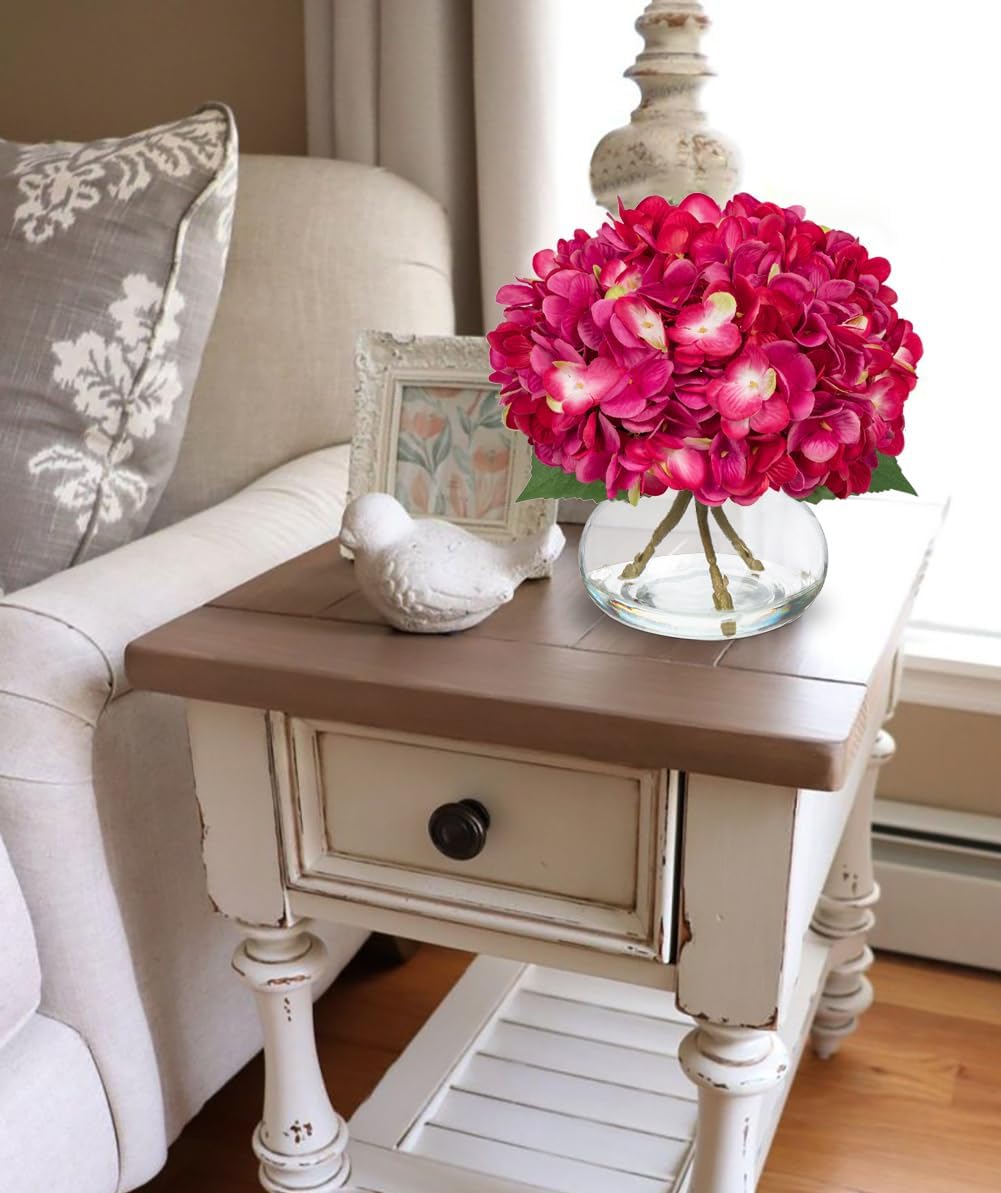 Hollyone Hydrangea Artificial Flowers with Glass Vase Fuchsia Silk Faux Flowers Arrangements in