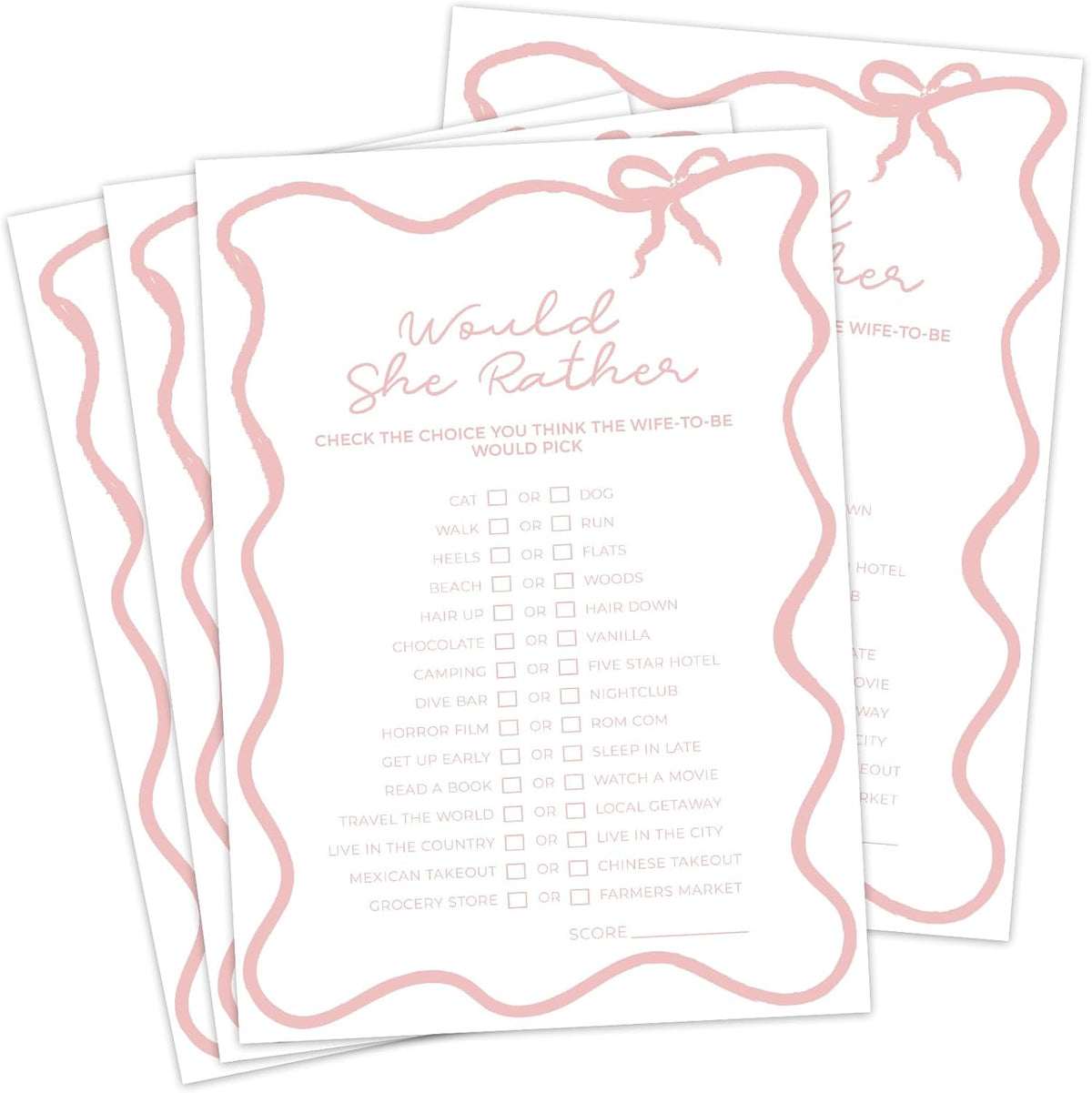 DEEKA 30 PCS Bridal Shower Games Card for 30 Guests White Pink Wavy Border Ribbon Bow Funny Wedding