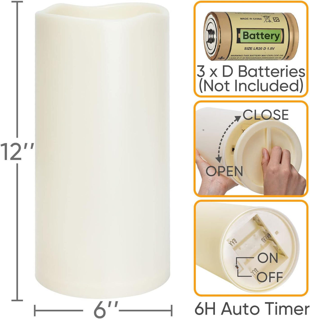 Homemory 6" x 12" Extra Large Outdoor Waterproof Candle with Auto 6-Hour Timer, Ivory Plastic Made