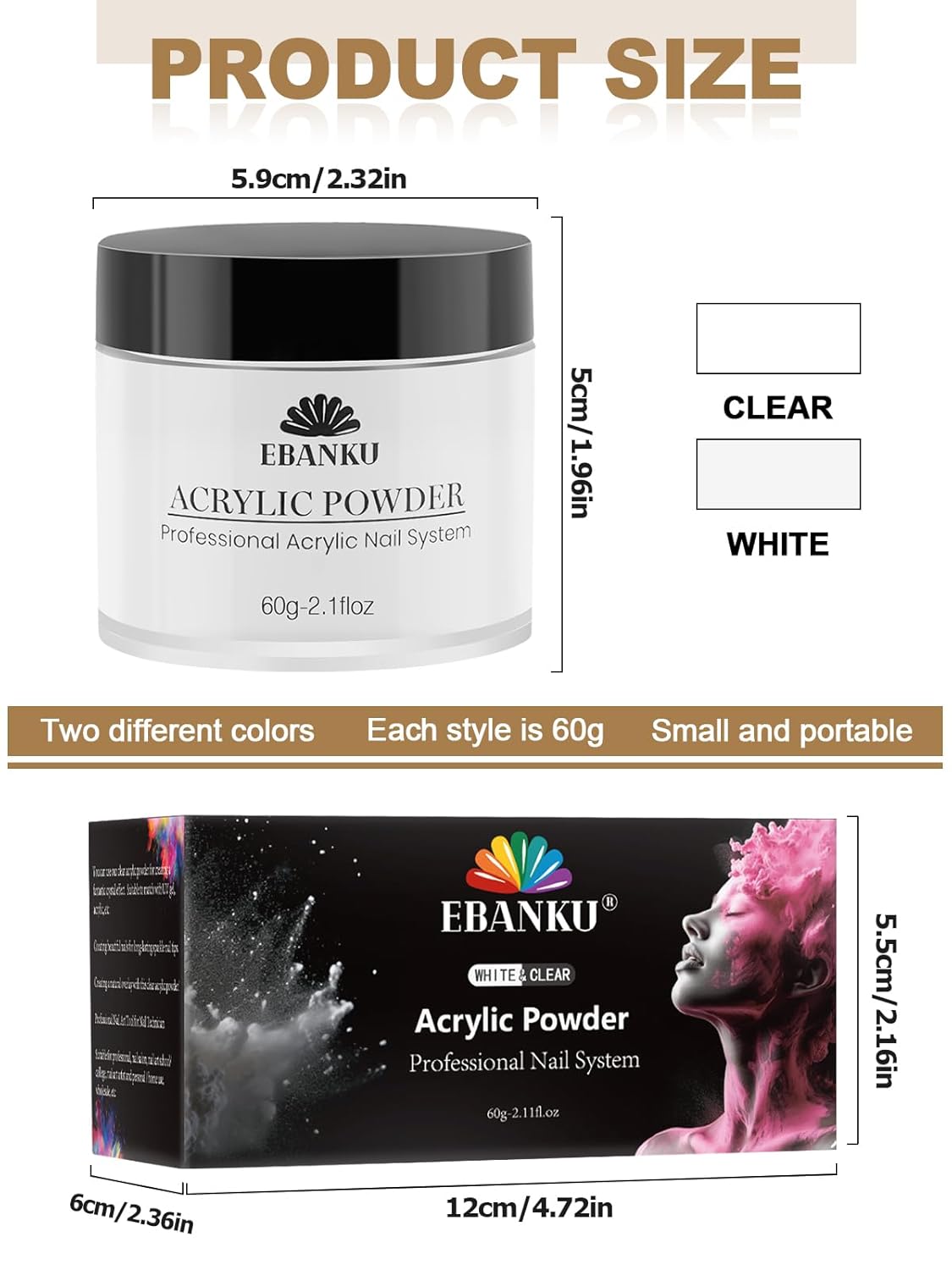 EBANKU 2 Colors Acrylic Nail Powder Set, White Clear Acrylic Powder Professional Nail Acrylic