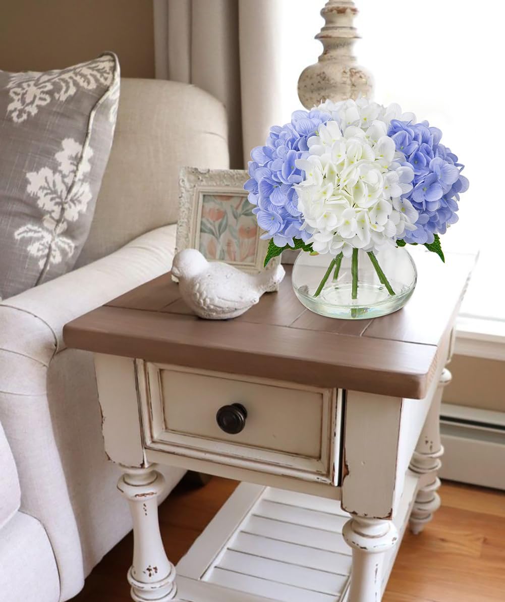 Hollyone Hydrangea Artificial Flowers with Vase White & Blue Silk Fake Flowers Arrangements in