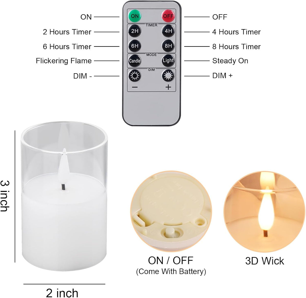6Pack Glass Flickering Flameless Candles with Remote, 2"X3" Real Wax Votive Candles Battery