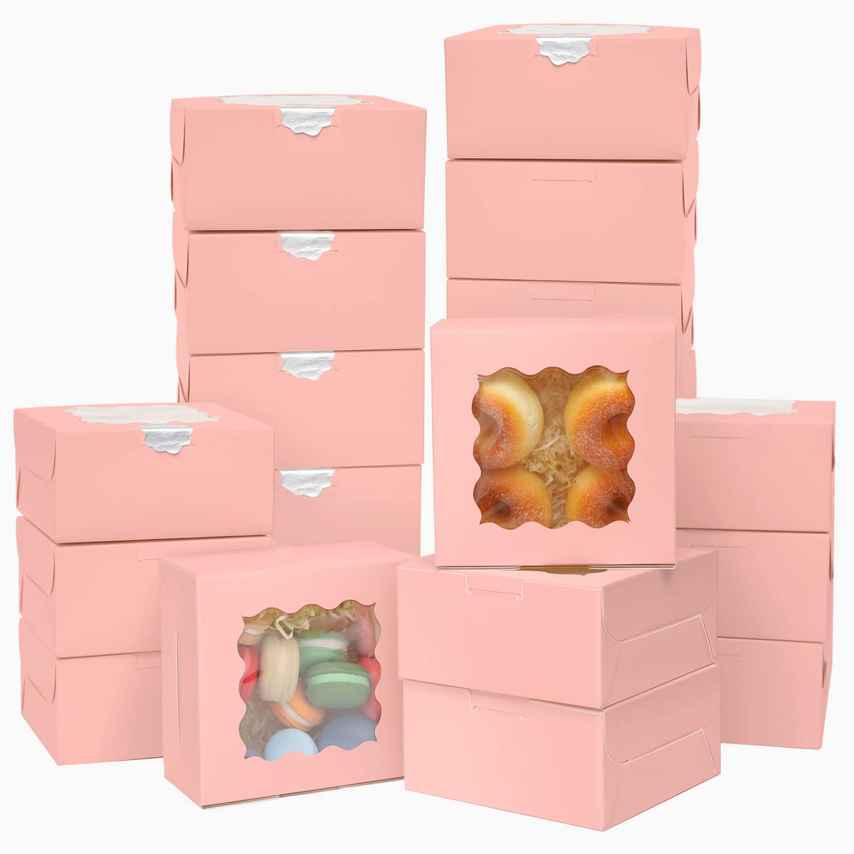 Bakepacker 100pcs Pink Bakery Boxes with Window 6x6x3 inches Thick & Sturdy Macaroon Pastry Boxes