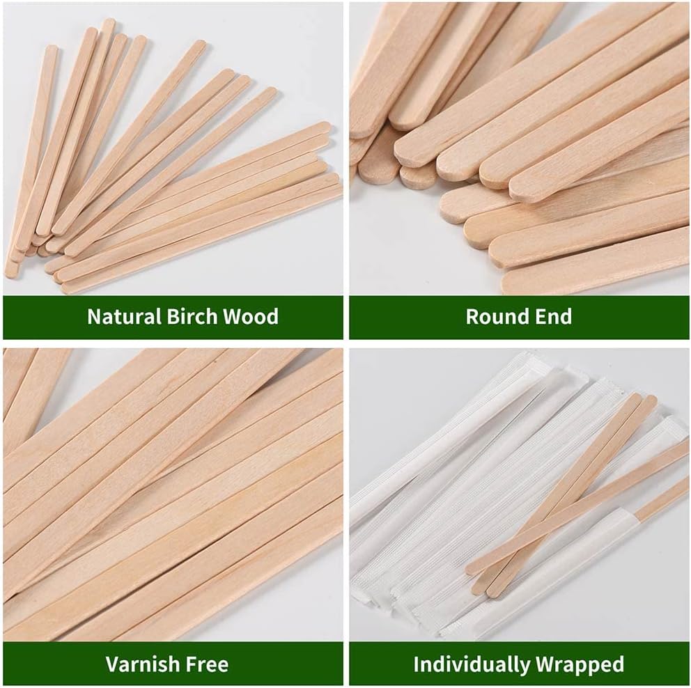 200pcs Individually Wrapped Coffee Stirrers Wood - 7" Coffee Stir Sticks, Round End Disposable