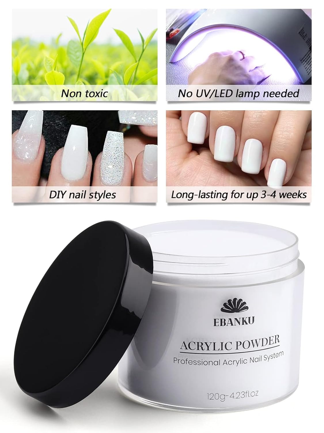 EBANKU Acrylic Powder Professional White Acrylic Nail Powder Long Lasting for 3D Fingernail Carving