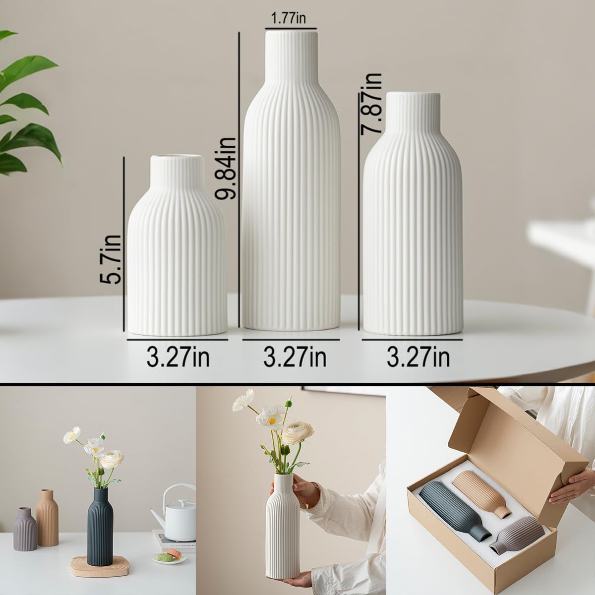 Modern Ceramic Vases Set of 3, White Ribbed Decorative Vases, Shelf Table Centerpiece for Home