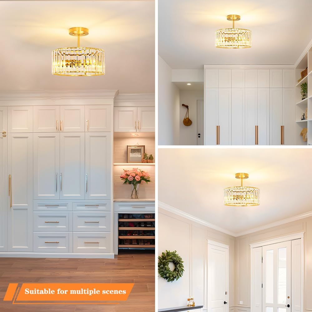 Modern Crystal Ceiling Light, Brushed Gold Semi Flush Mount Ceiling Lighting Fixture, Brass Hallway