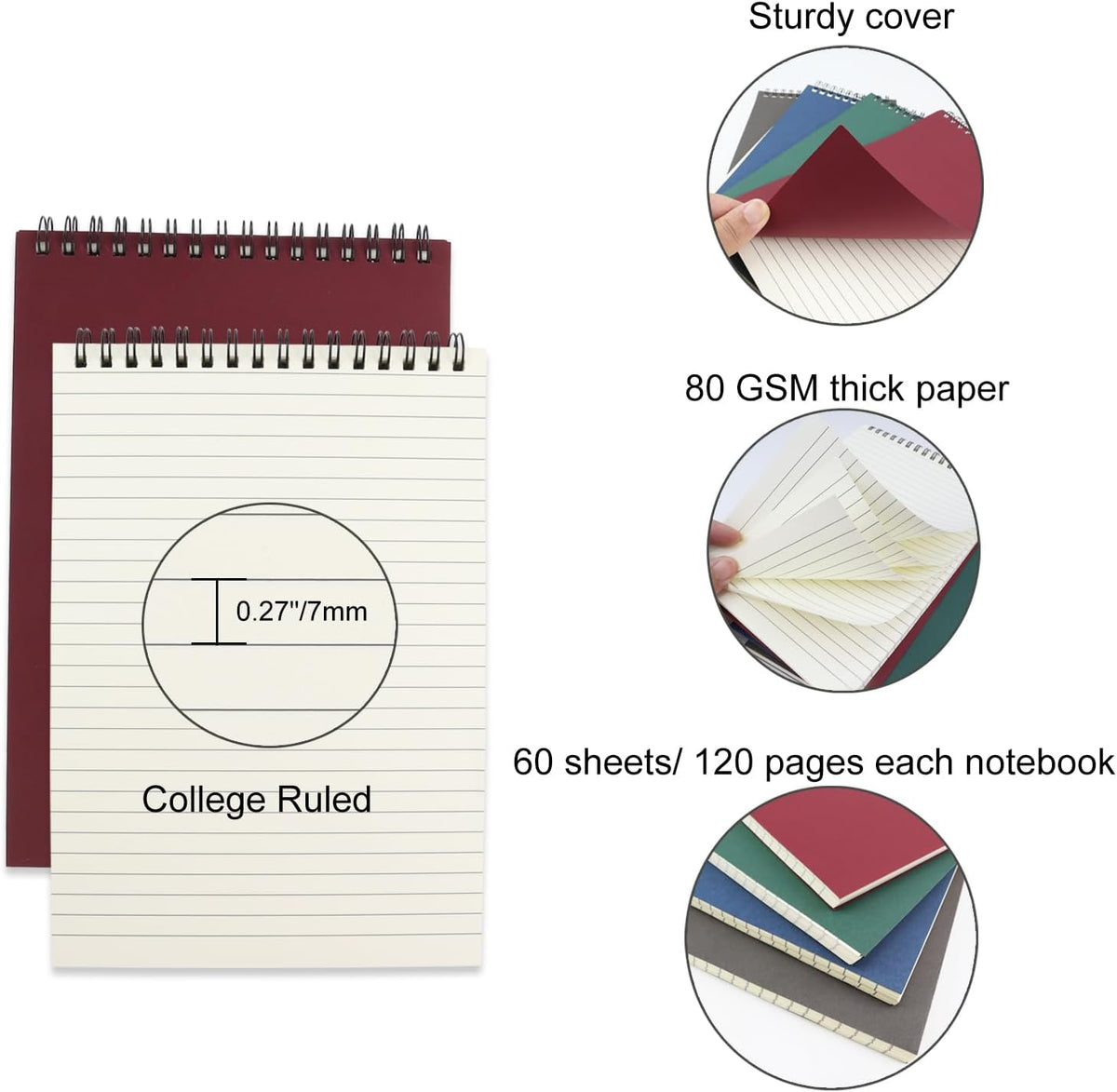 4 Pcs Top Bound Spiral Notebook,8.3 inch x 5.8 inch,60 Sheet,7mm College Ruled Paper,A5 Spiral Note
