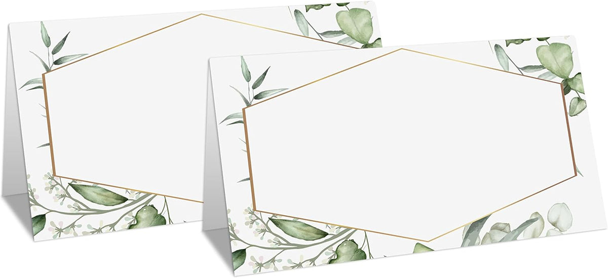 Gold Foil Greenery Table Place Card, 25 Pcs Tent Style Cards Set with Green Eucalyptus, Editable