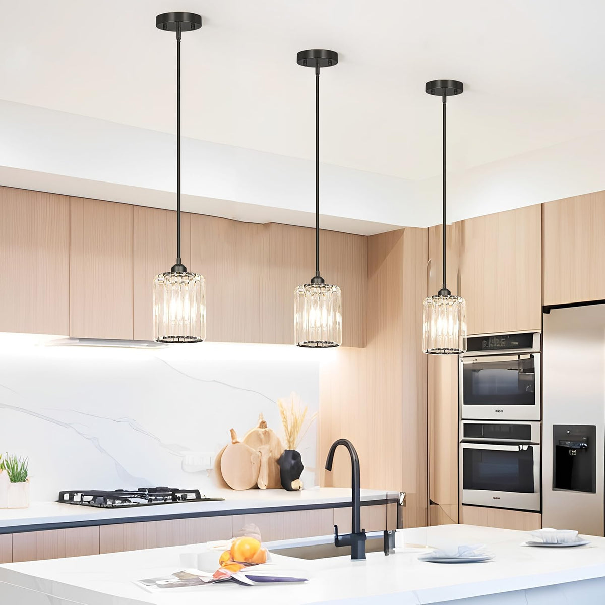 Black Kitchen Pendant Lights Over Island with Adjustable Rods - Crystal Pendant Lighting Fixtures 3