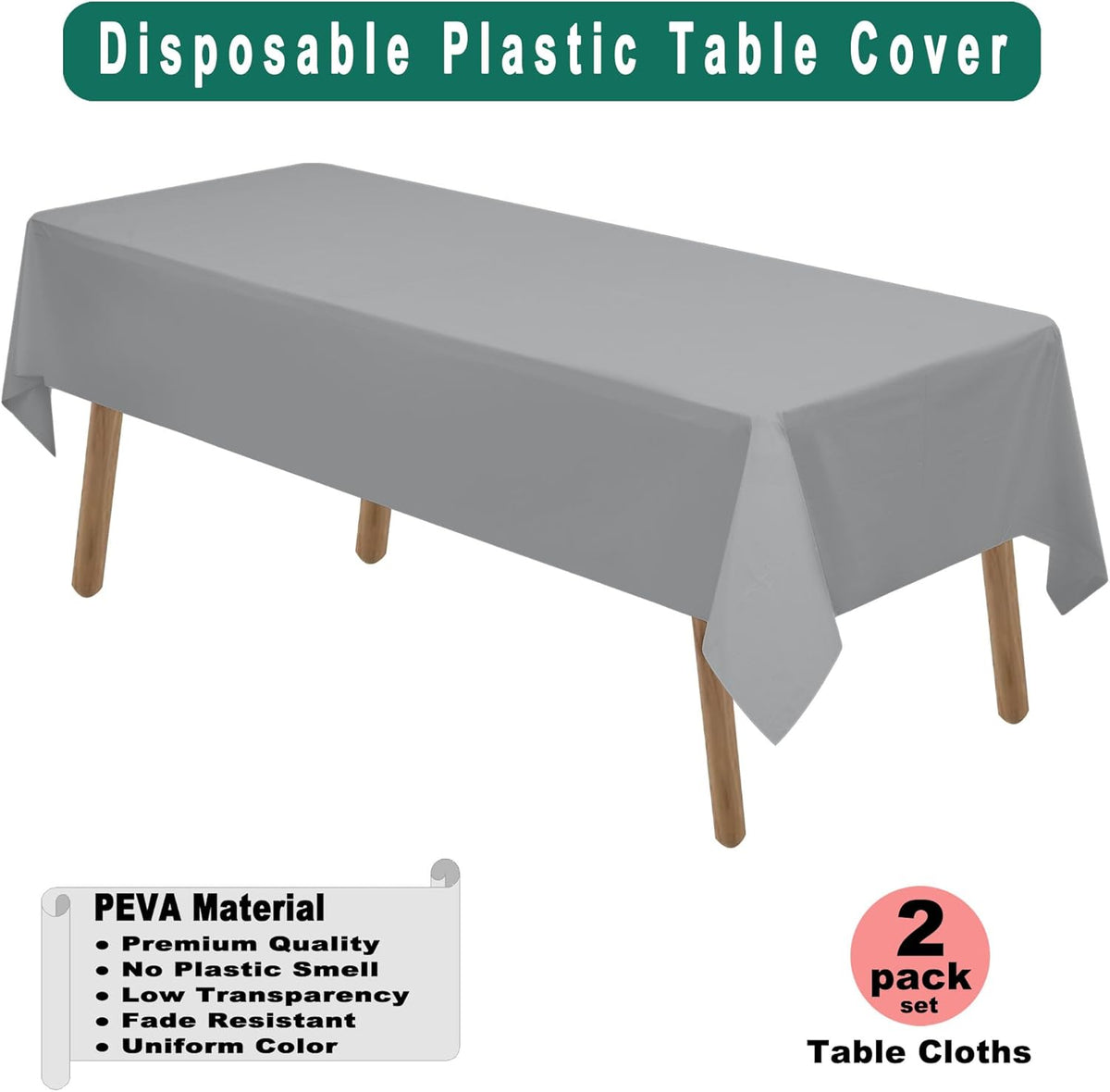 Silver Plastic Tablecloths 2 Pack Dark Gray Disposable Table Covers 54 x 108 Inch Bridal Shower