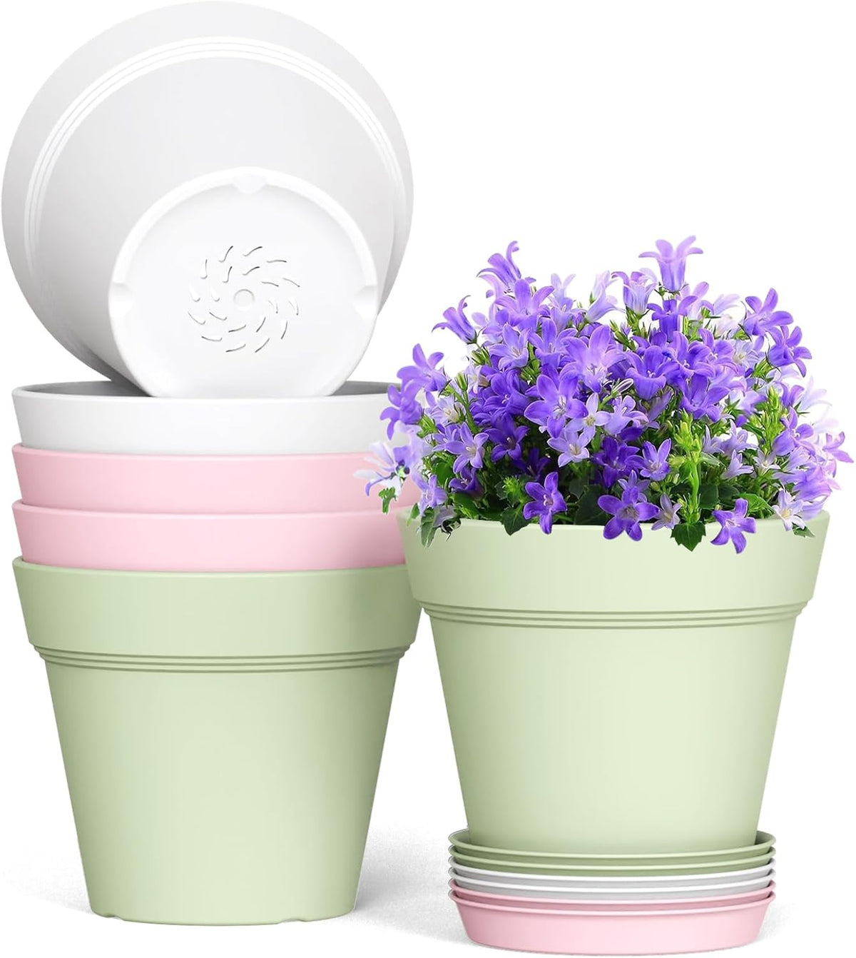 7 Inch Thick Plastic Plant Pots with Drainage Holes and Trays – 6 Pack Nursery Pots for Indoor &