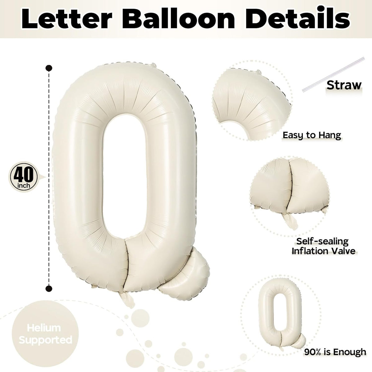 Cream Q 40 Inch Alphabet Foil Name Balloon - Large Self Inflating Letter for Girls Birthday Party