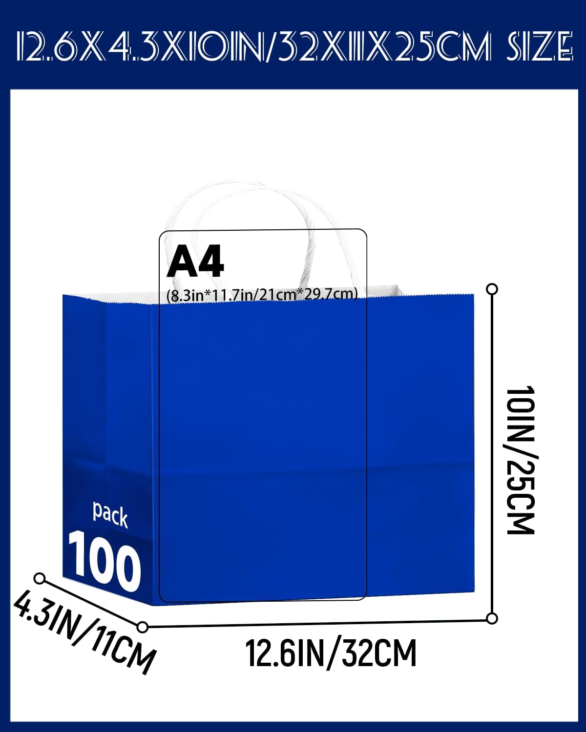 qiqee 100PCS Large Gift Bag with Handles Bulk 13"x4.5"x10" Gift Bags Diamond Blue Multiple Uses