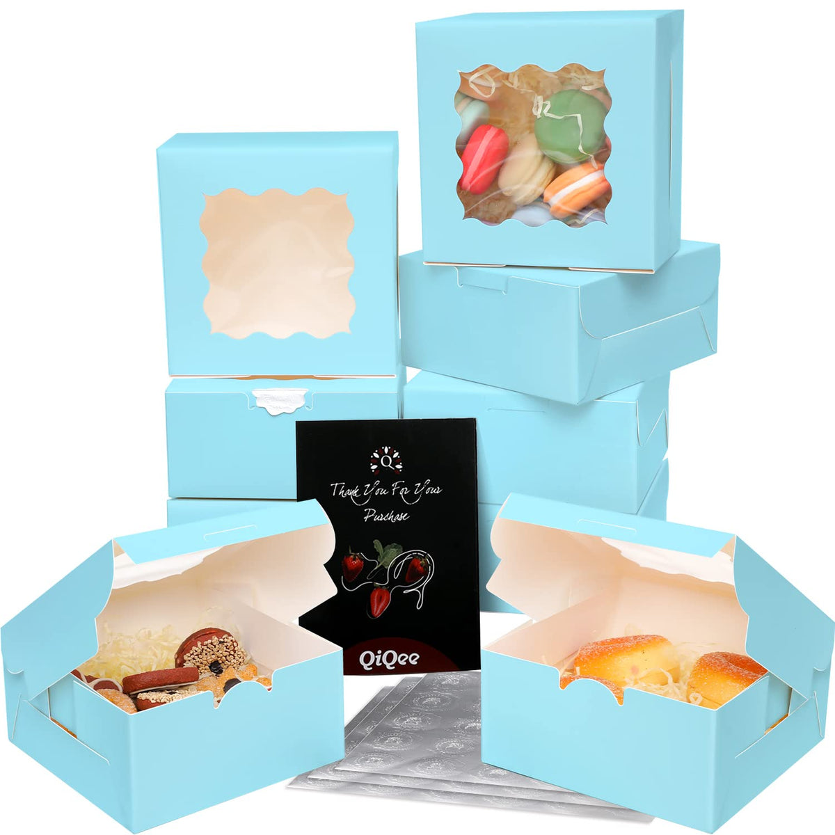Bakepacker 60pcs Light Blue Bakery Boxes with Window 6x6x3 inches Thick & Sturdy Macaroon Pastry &