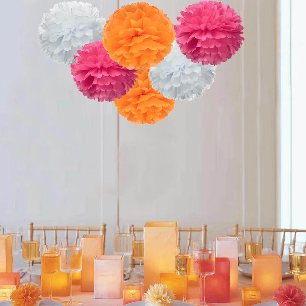 Hot Pink Orange and White Paper Flower Tissue Pom Poms for Fall Autumn Thank's Giving Baby Shower
