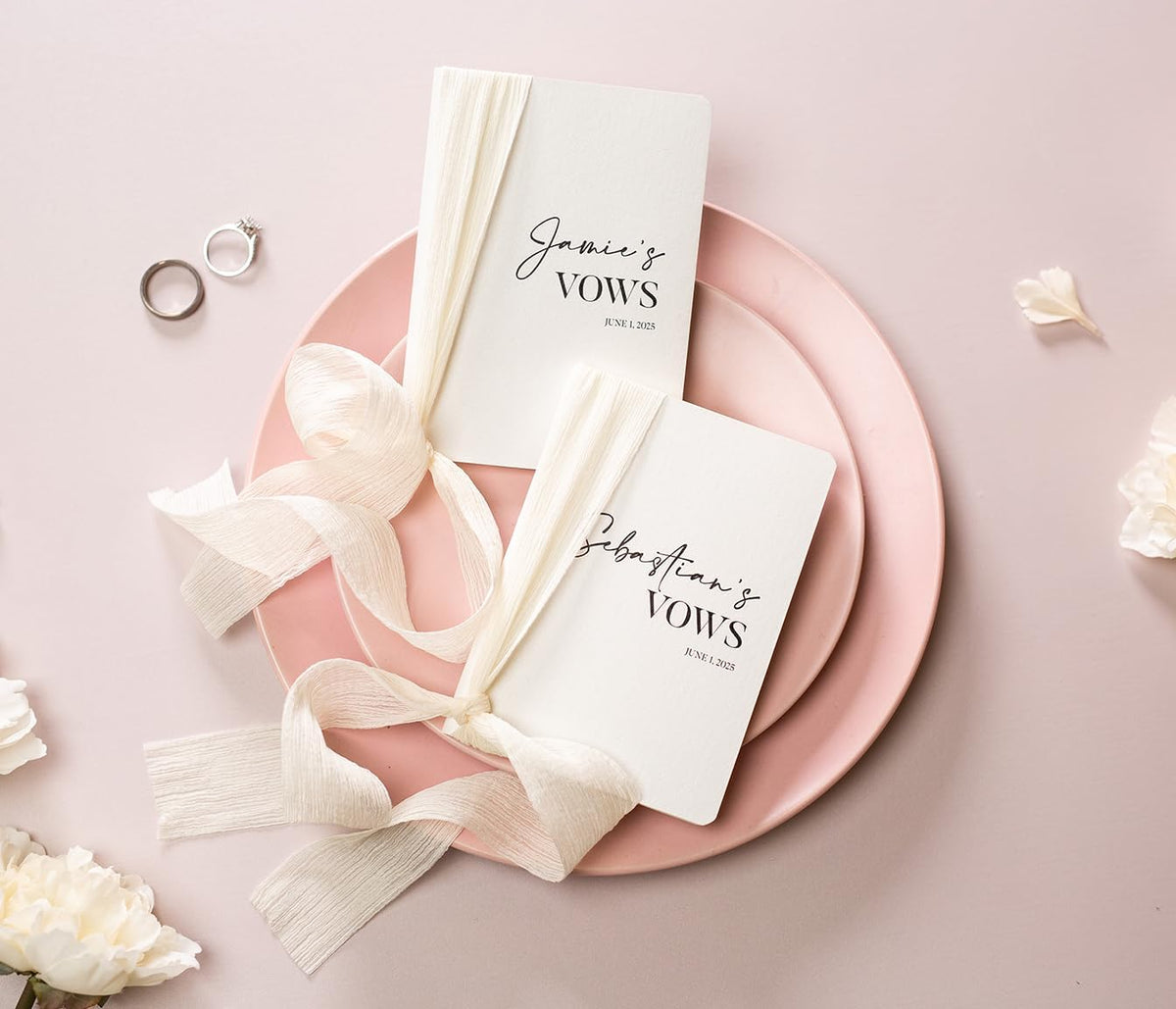 Modern Album Designs Set of Custom Slim White Vow Books w/Ribbon (Set of 2) - 5.625 x 4 Minimalist
