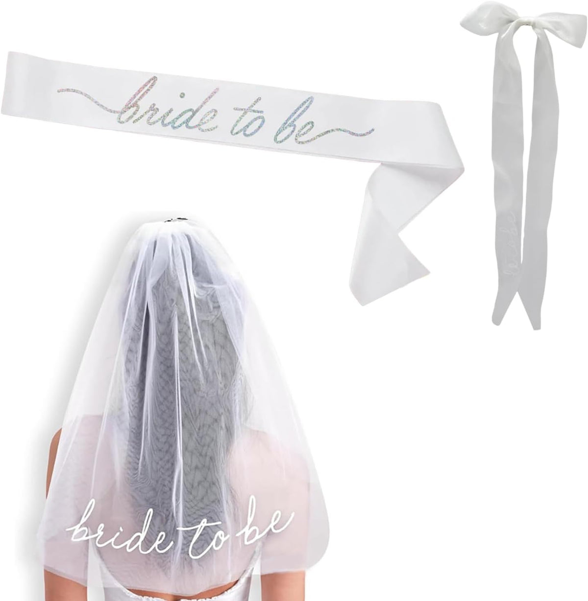 JoyChoi Bachelorette Party Accessories for Bride – 3-Piece Set with Bride Sash, Veil & Bow Hair