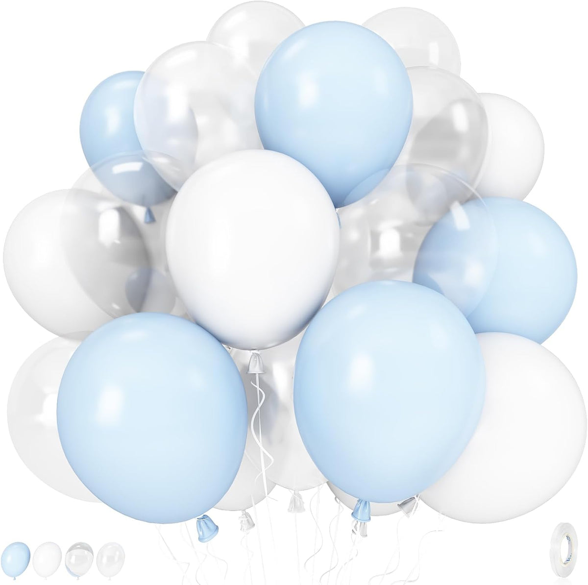 Pastel Blue and White Balloons, 12 Inch 35PCS Light Baby Blue Pearl White with Clear Latex Balloon