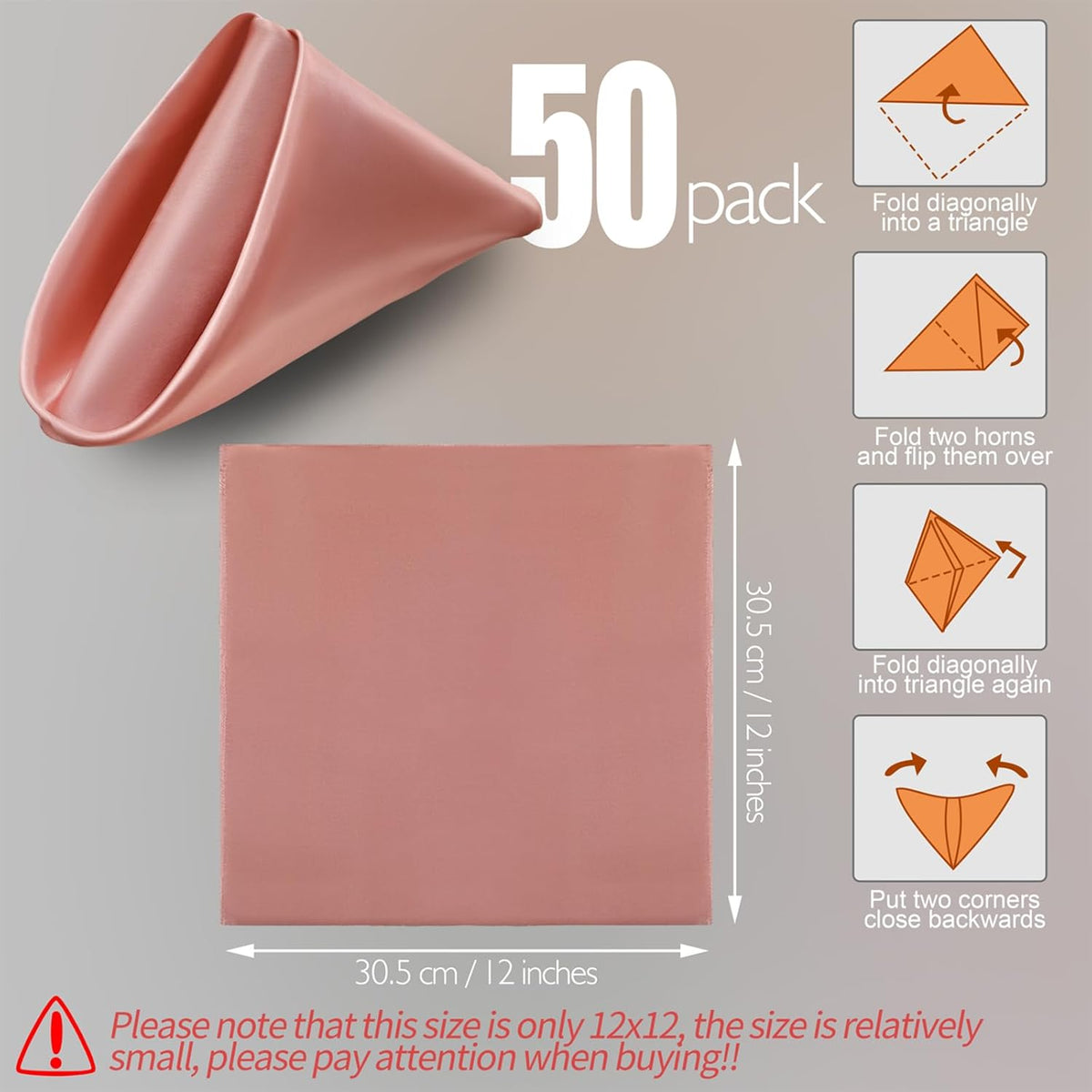 Manyshofu 50 Pieces Rose Gold Satin Napkins - 12x12 Inches Cloth Napkins, Square Satin Fabric