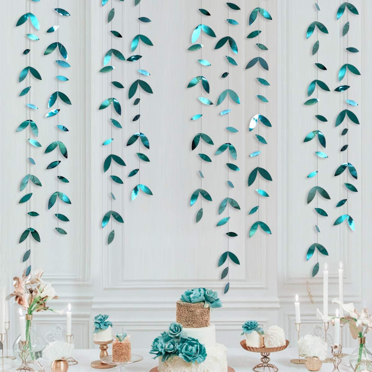 PinkBlume 52 Ft Dark Green Leaf Garland, Emerald Turquoise Paper Hanging Leaves Streamer, Teal Aqua