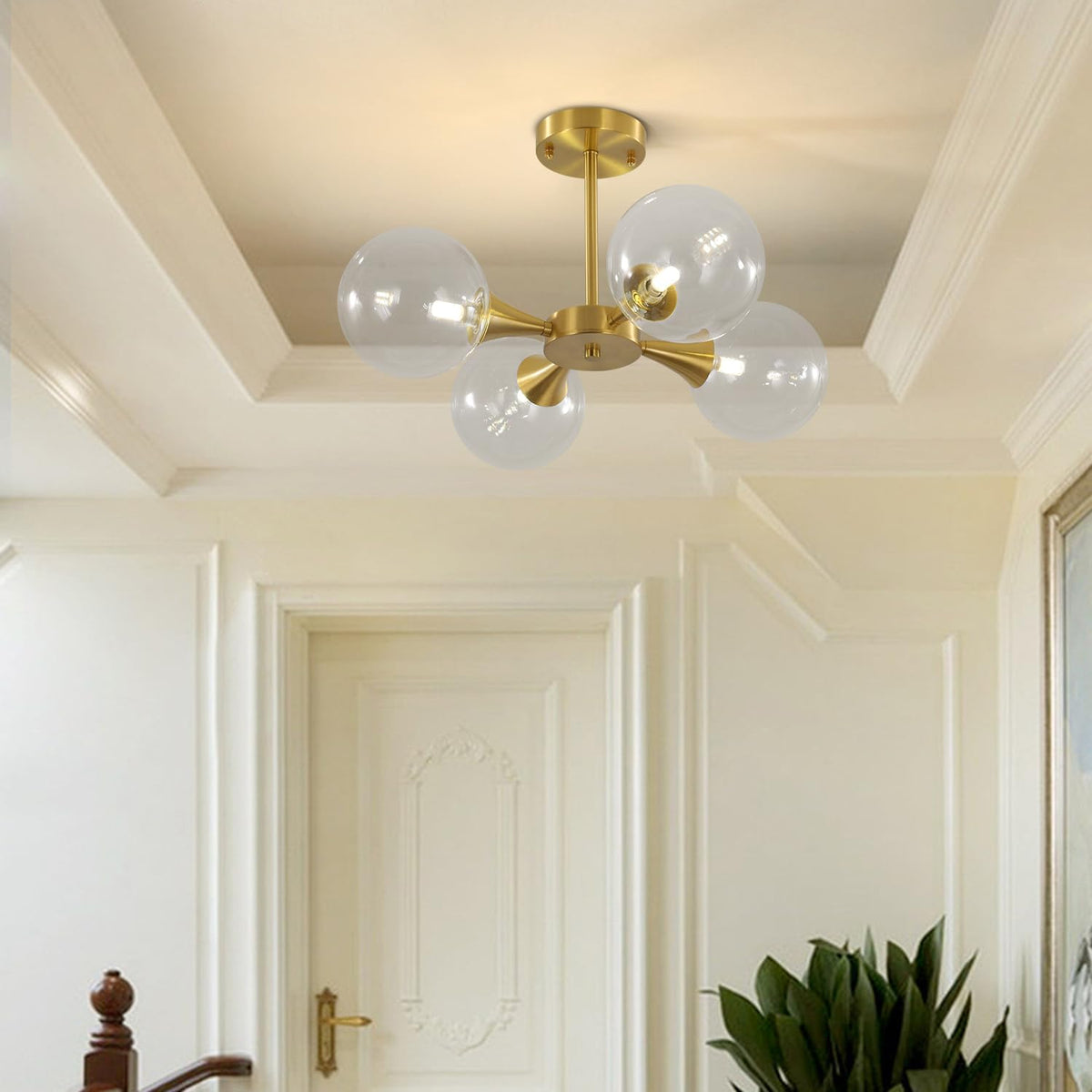 KCO Lighting 4-Lights Modern Globe Semi Flush Mount Ceiling Light Mid Century Brushed Brass