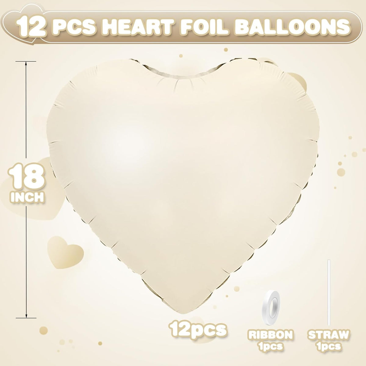 Cream White Heart Balloons,12Pcs Sand White Heart Shaped Foil Balloons,18Inch Beige Helium