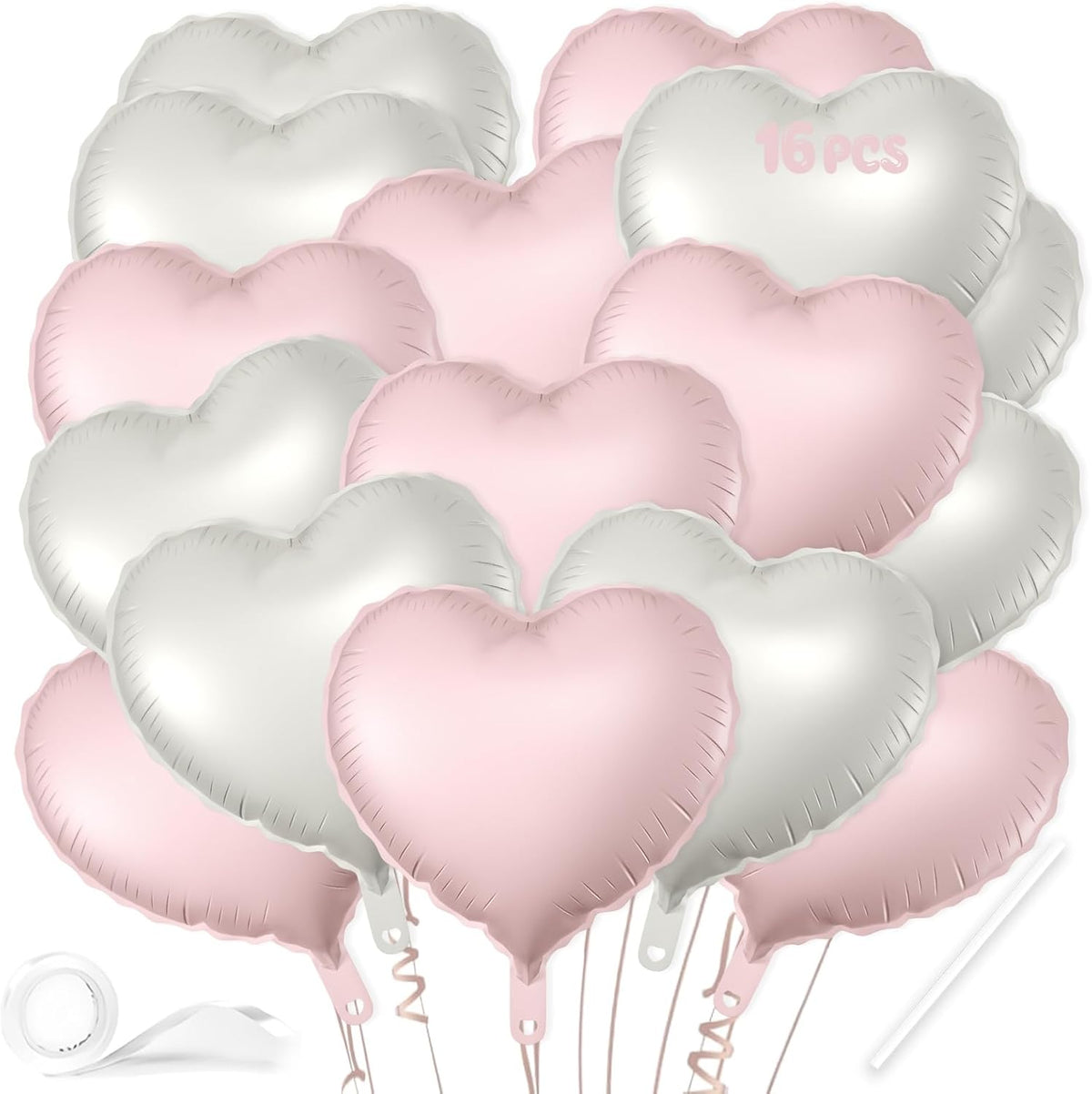 16 Pcs Heart Balloons, 18 Inch Pink White Sand Love Heart Shaped Foil Balloons for Wedding