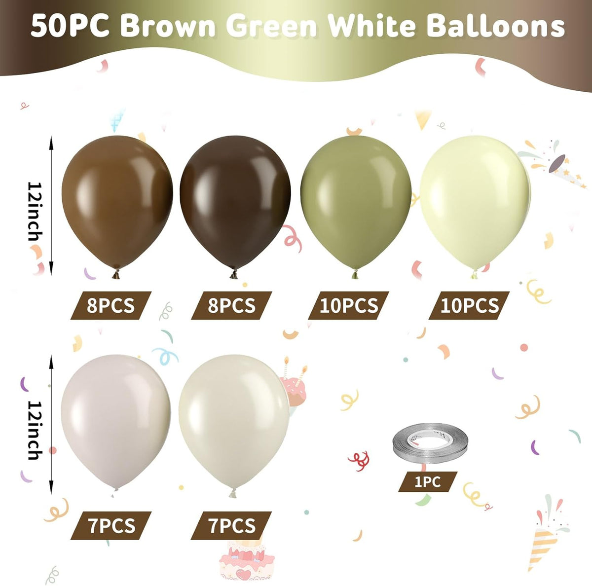 Sage Green and Brown Balloons, 50pcs Green Brown White Balloons, Coffee Beige Ivory Sand White