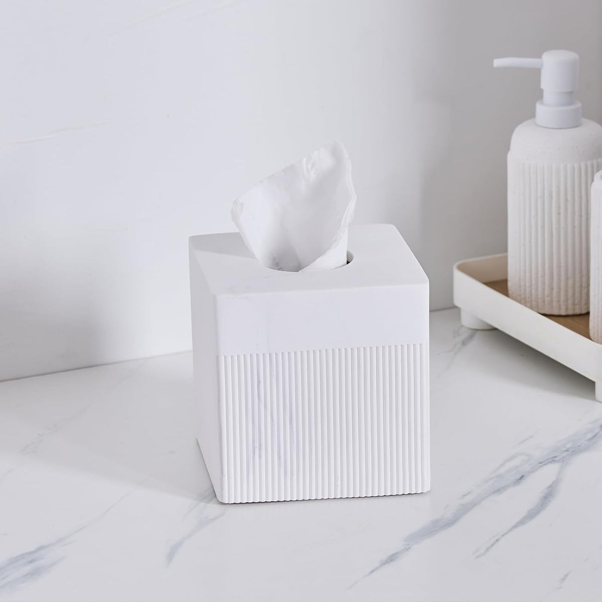 White Tissue Box Cover Square Resin Tissue Holder for Home Decor, Hand Poured Marble Ribbed Cube