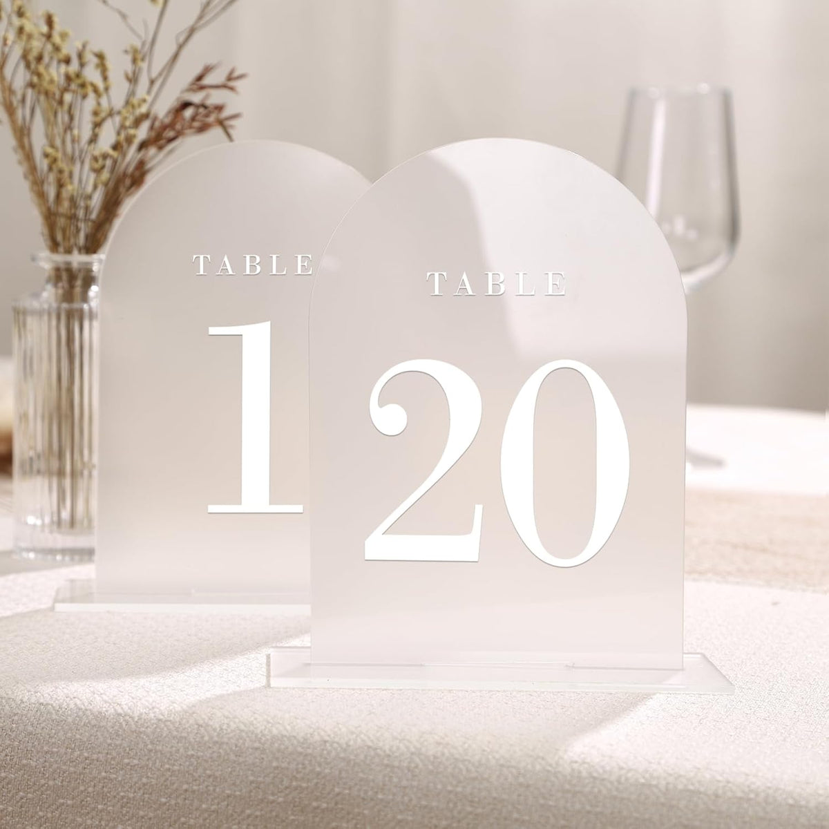 UNIQOOO Frosted Arch Wedding Table Numbers with Stands 1-20, 5x7" Acrylic Display Signs and