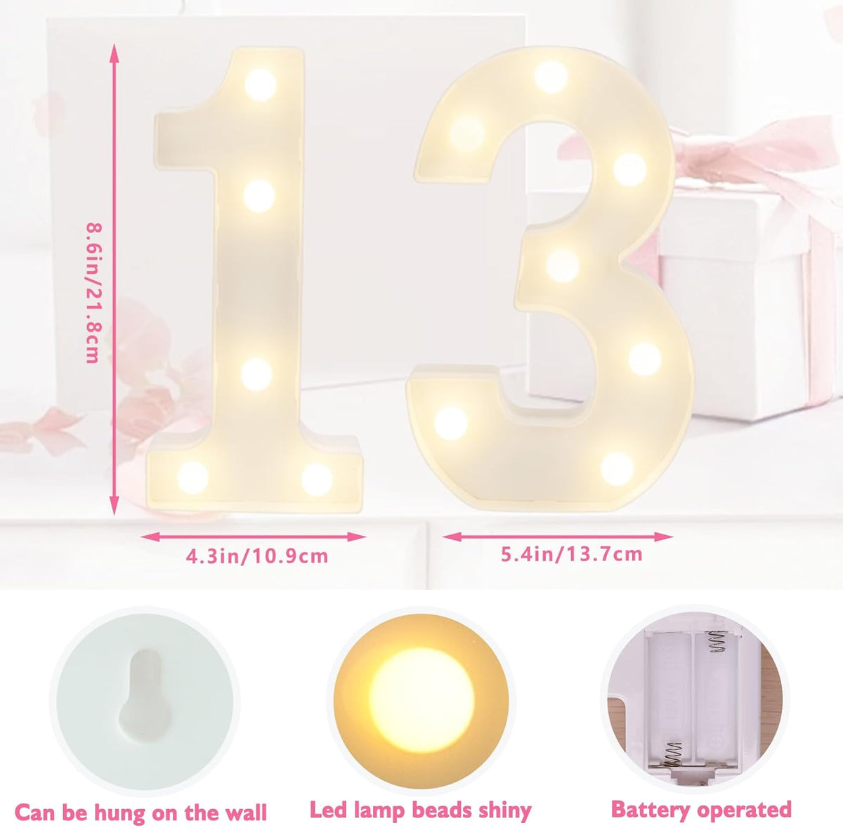 LED Marquee Letter Lights, Decorative Light Up Numbers for 13th Birthday Party, Battery Operated