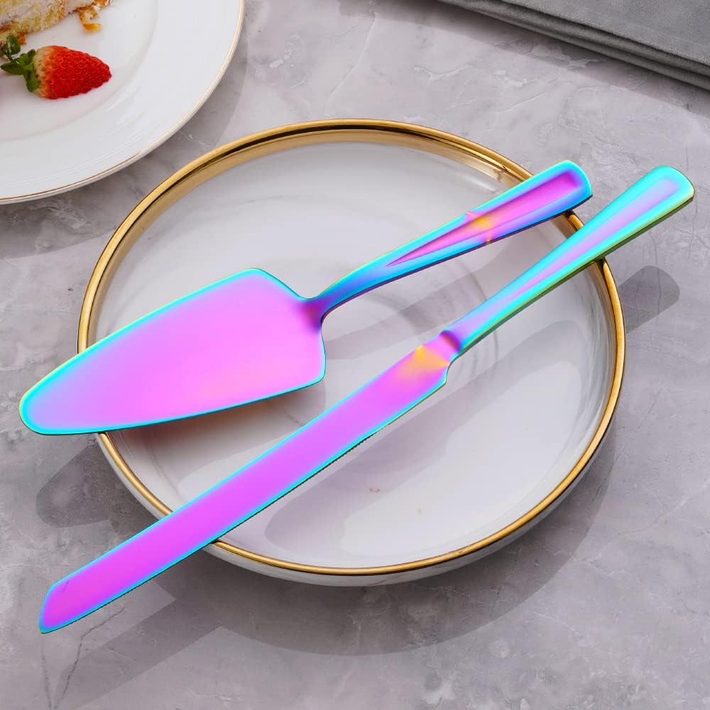 GoGeiLi Rainbow Cake Knife and Server Set, Colorful Stainless Steel Cake Cutting Set for Wedding
