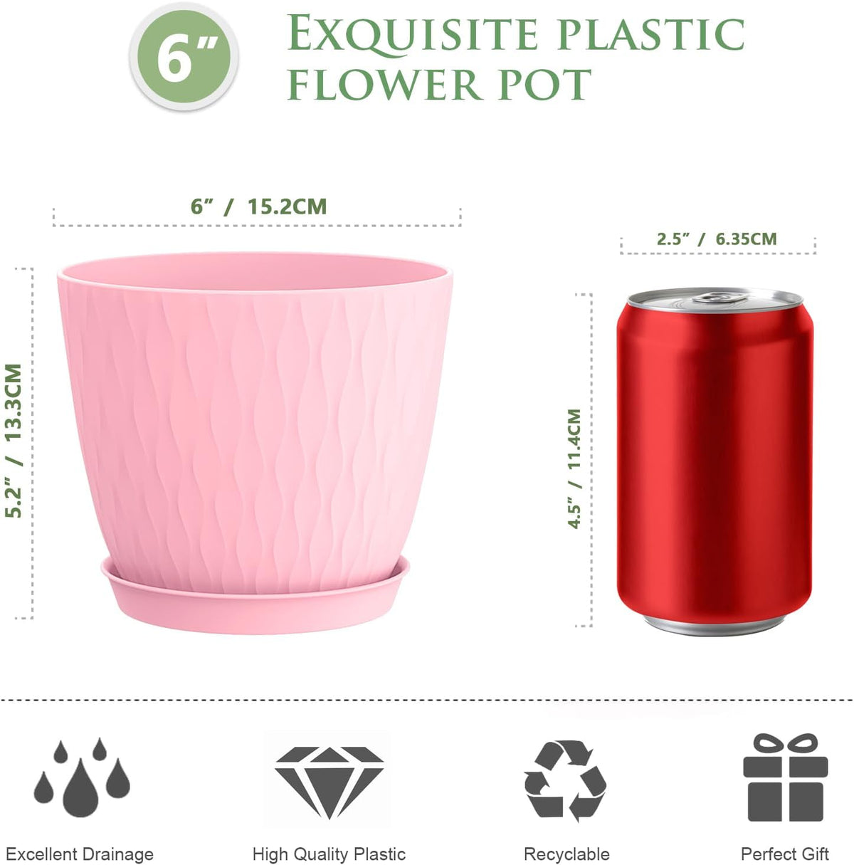 6 inch Flower Pots, 5 Pack Plant Pots with Drainage Holes and Saucers for Indoor Plants, Plastic